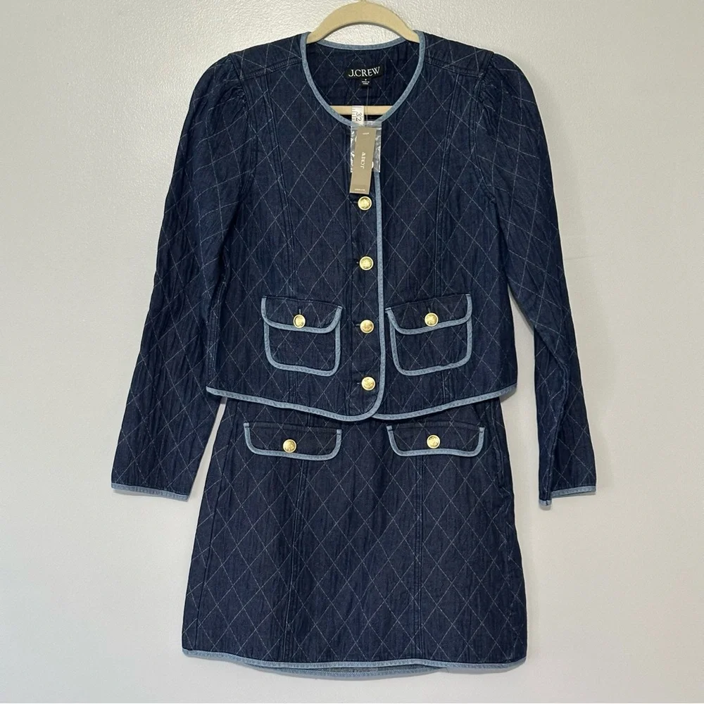 NWT J.Crew Quilted denim lady jacket and skirt‎ set Size 0